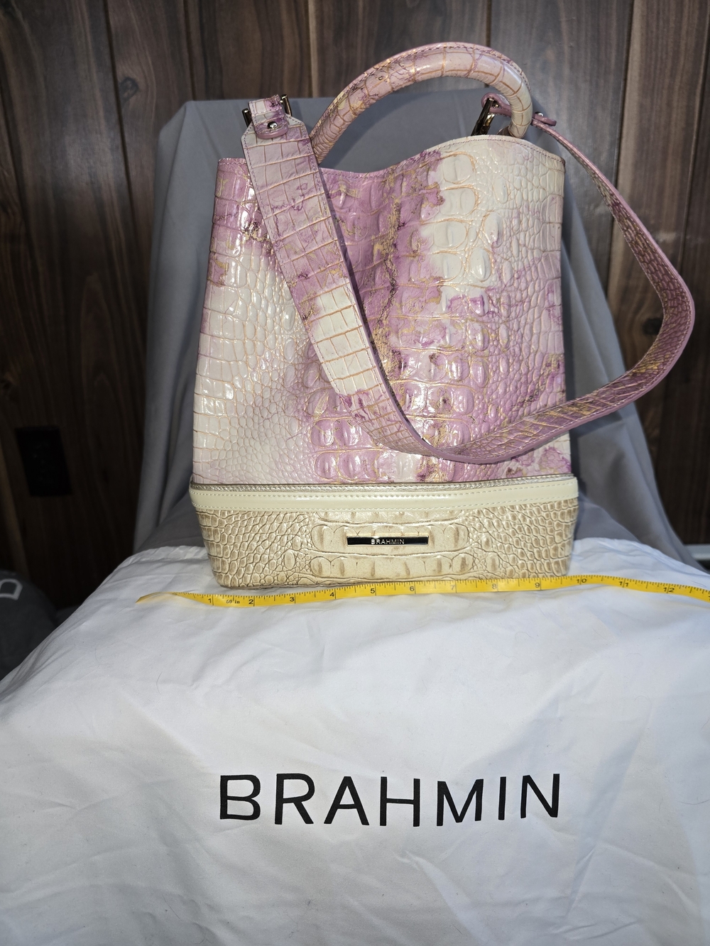 Brahmin Pink Cream Croc-Embossed Leather Bucket Bag & Wallet